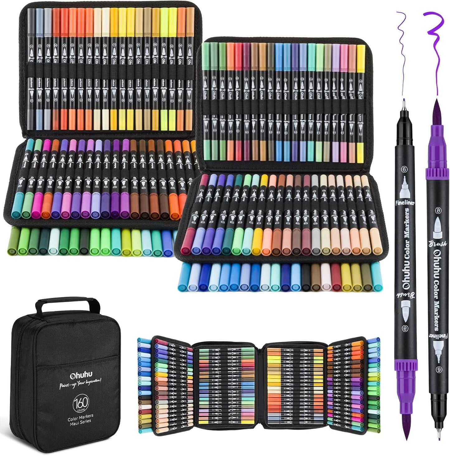 Ohuhu Markers for Adult Coloring Books No Bleeding 160 Colors Water-based Dual Tips Fineliner & Brush Coloring Markers for Kids Adults Beginners Drawing Pens for Journaling Lettering - Maui - Black