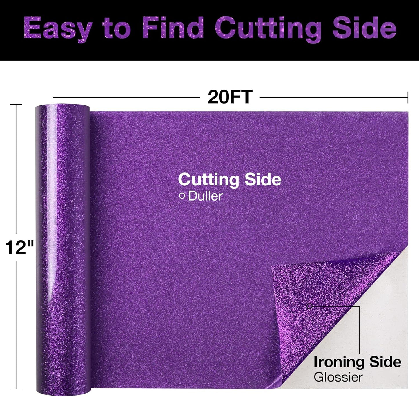 TORC Purple Glitter HTV Heat Transfer Vinyl Roll 12 inch x 20 ft Sparkly Iron on Vinyl for T Shirts Crafts Bulk