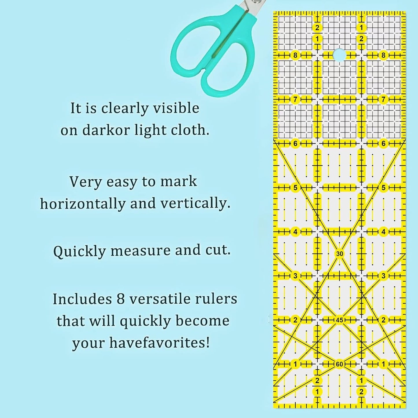 Quilting Rulers, 7 Piece Acrylic Ruler (12.5"X12.5", 9.5"X9.5", 6"X6", 4.5"X4.5",12"x6.5",9"x3",12"x2"), Sewing & Quilting Templates