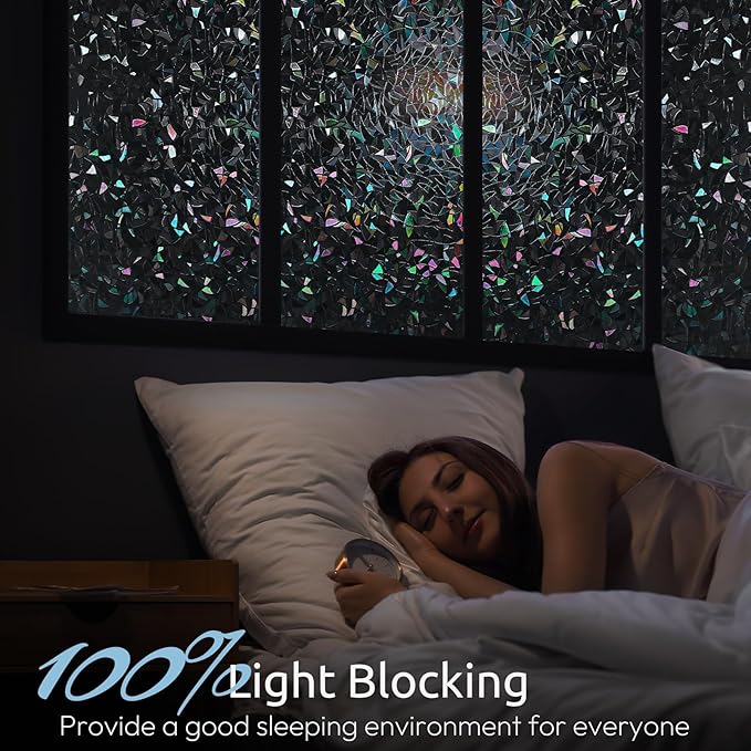 rabbitgoo Window Privacy Film Rainbow Film Decorative Window Sticker, 3D Static Stained Glass Cling Tint for Room Darkening Day Sleep, Black, 23.6 x 78.7 inches