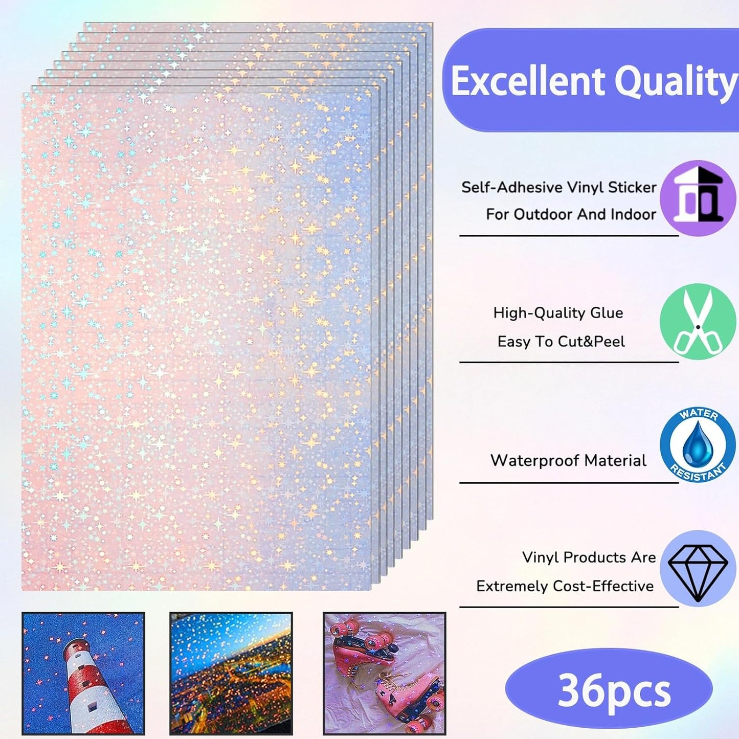 36 Sheets Holographic Sticker Paper Clear A4 Vinyl Sticker Paper Self Adhesive Waterproof Transparent Film Gem Rainbow Star Patterns, 11.7 x 8.3 Inch (Star)