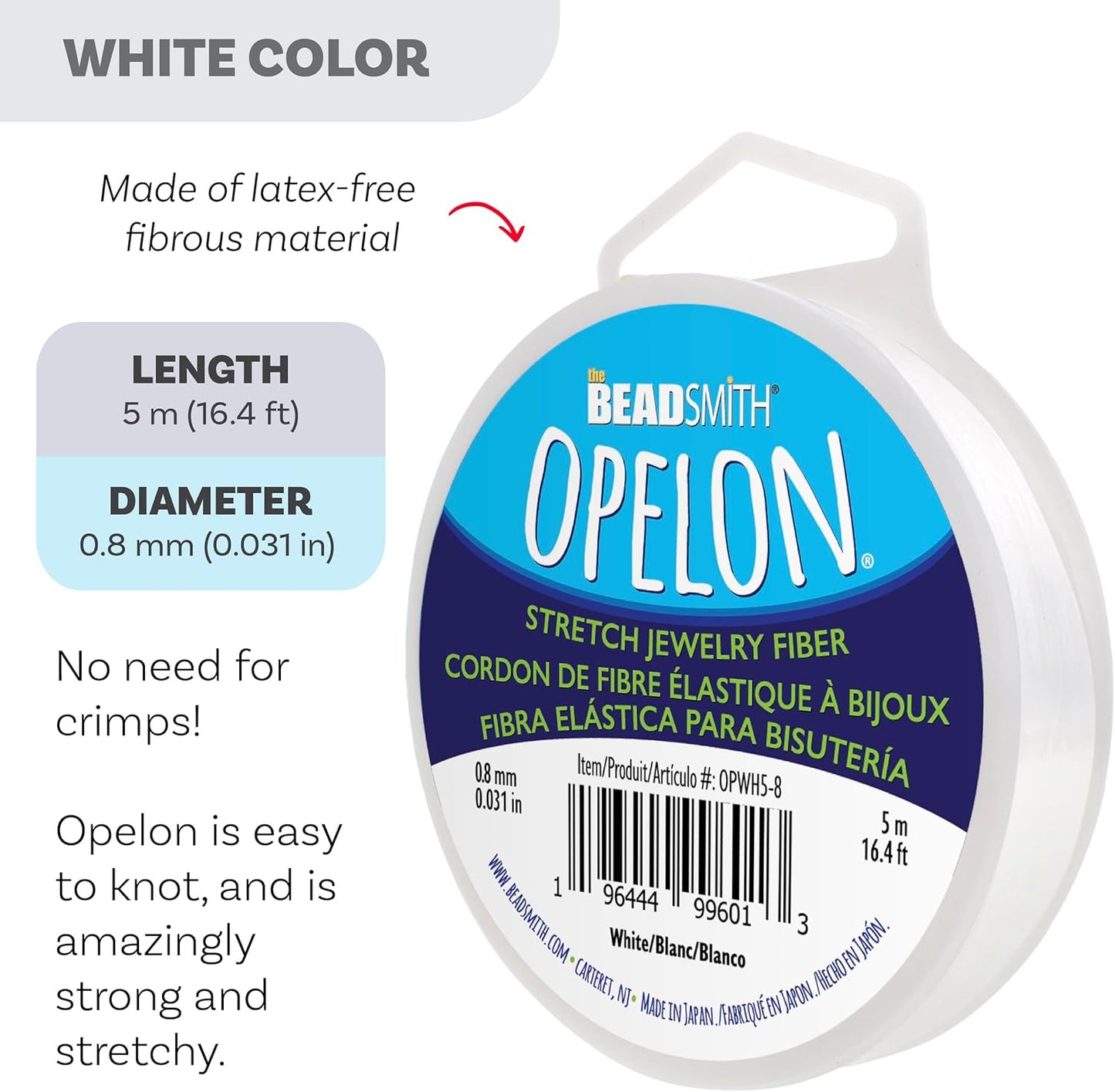 The Beadsmith Opelon Stretch Cord – Elastic Beading Fiber, White, 0.8 mm Diameter, 5 Meters (16.4 ft) Spool