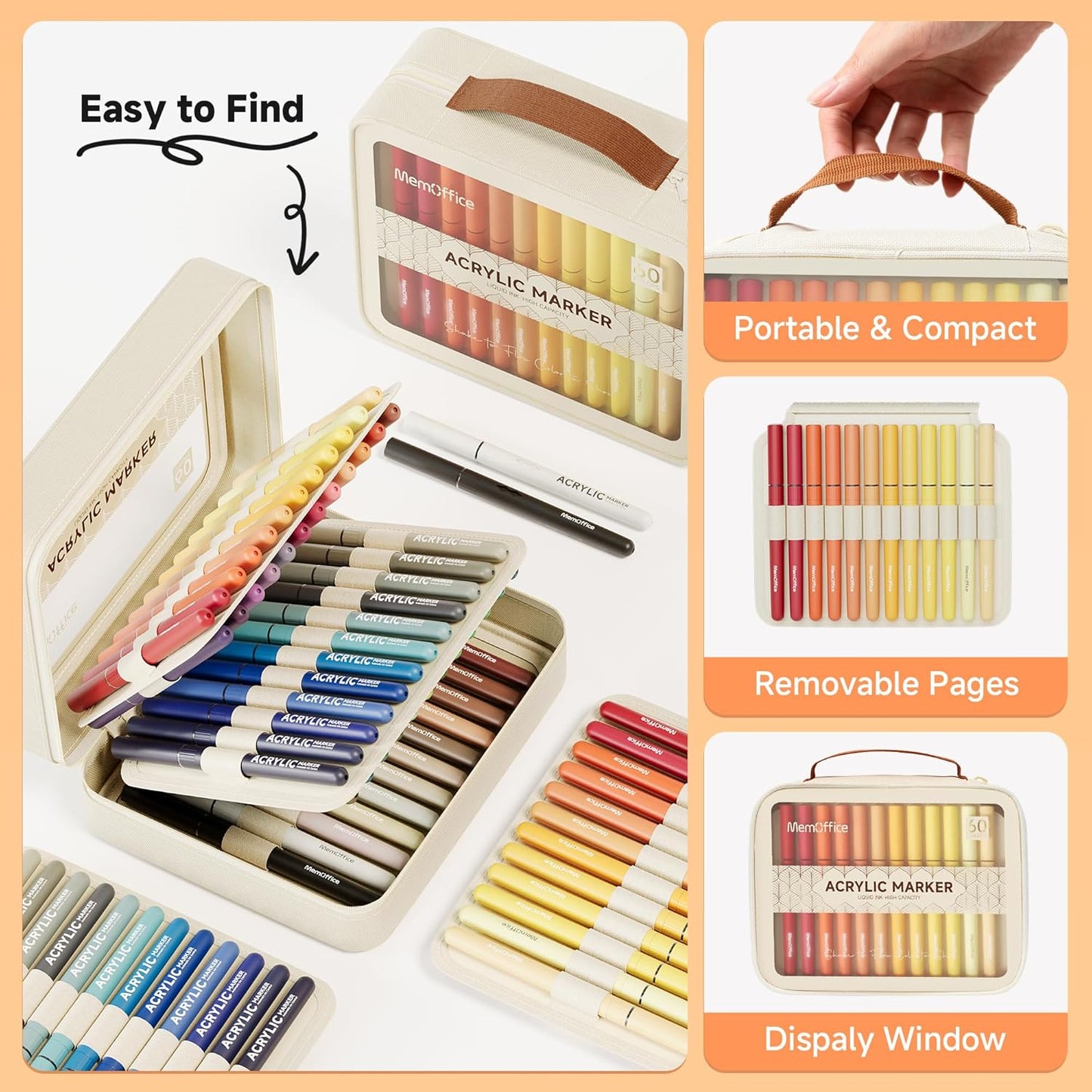 MemOffice Direct Liquid Acrylic Paint Markers, 60 Colors Brush Tip Pens with Carrying Case, No Bleed, Waterproof, for Rock, Wood, Canvas, Glass, Fabric, DIY Crafts for Adults & Kids