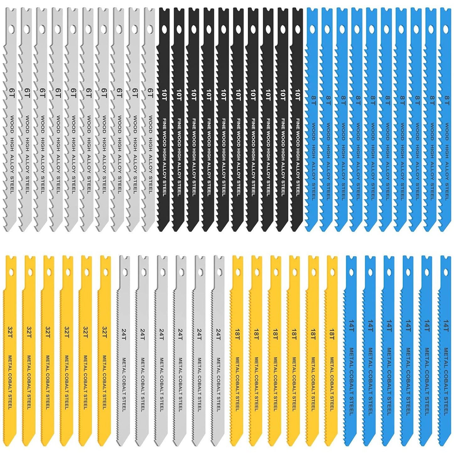54Pcs Jig Saw Blade Set High Carbon Steel Assorted Saw Blades with U-Shank Sharp Fast Cut Down Jigsaw Blade Woodworking Tool for Wood Metal Plastic Cutting