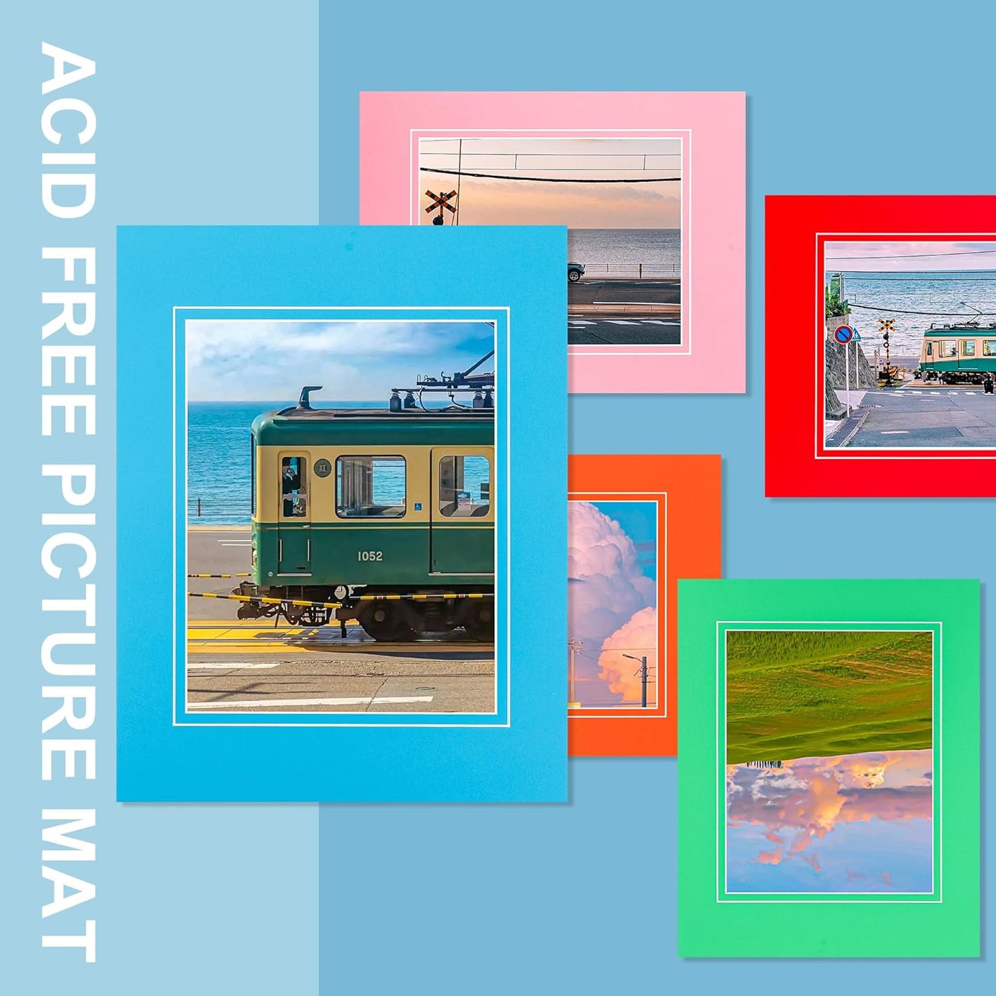 HOTUO 10 Pack Colorful 11x14 Picture Mats, Pre-Cut Picture Frame Mat with Ivory Core Bevel Cut for 8x10 Photo, Signature Friendly 4 Ply Thickness Photo Mat for Frames (Colorful with V-Groove)