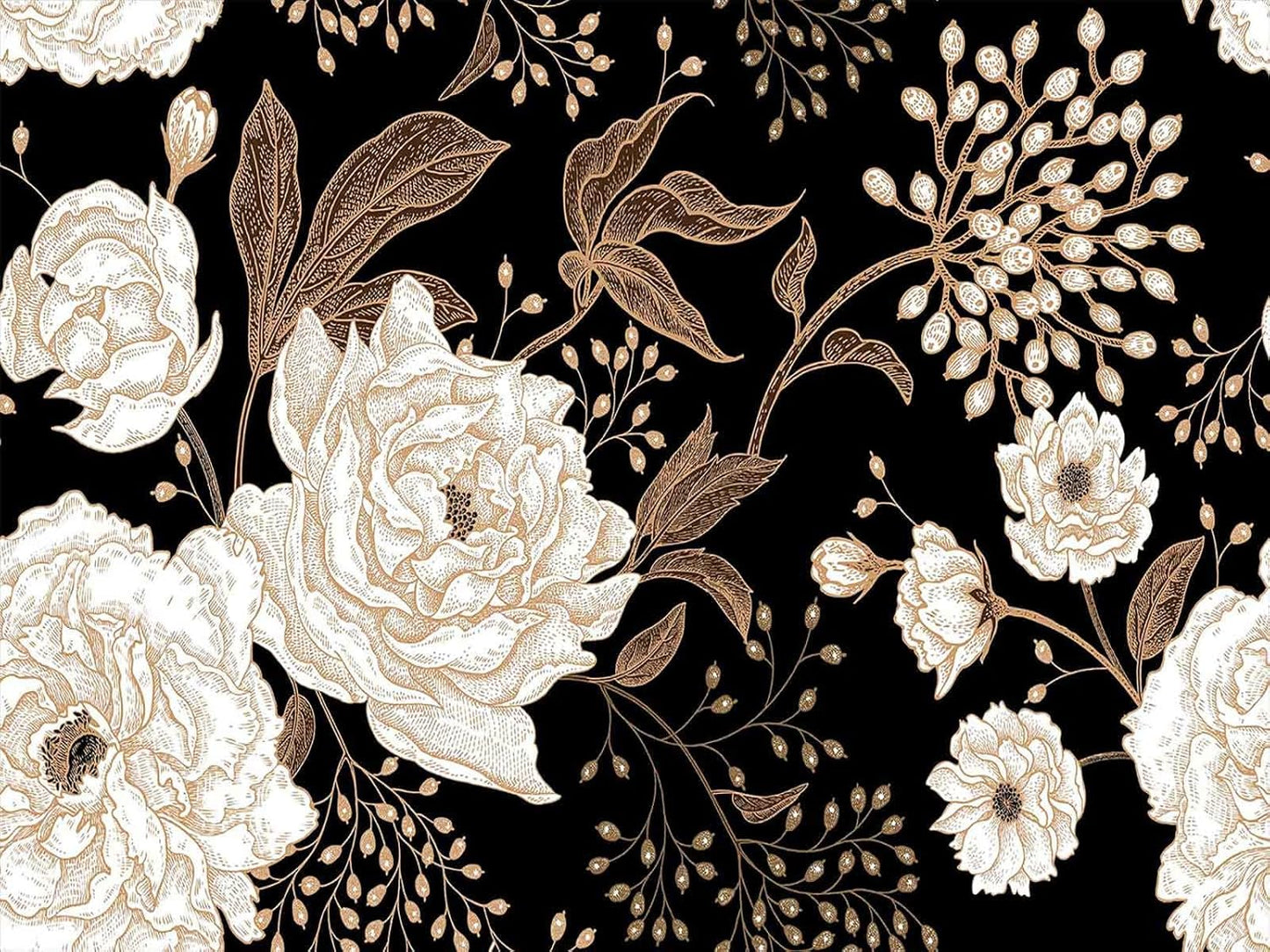 Wall Mural Peonies and Roses Floral Vintage Wallpaper Seamless Gold White Flowers Wall Coverings for Living Room Bedroom Kids Room（Not Peel and Stick）