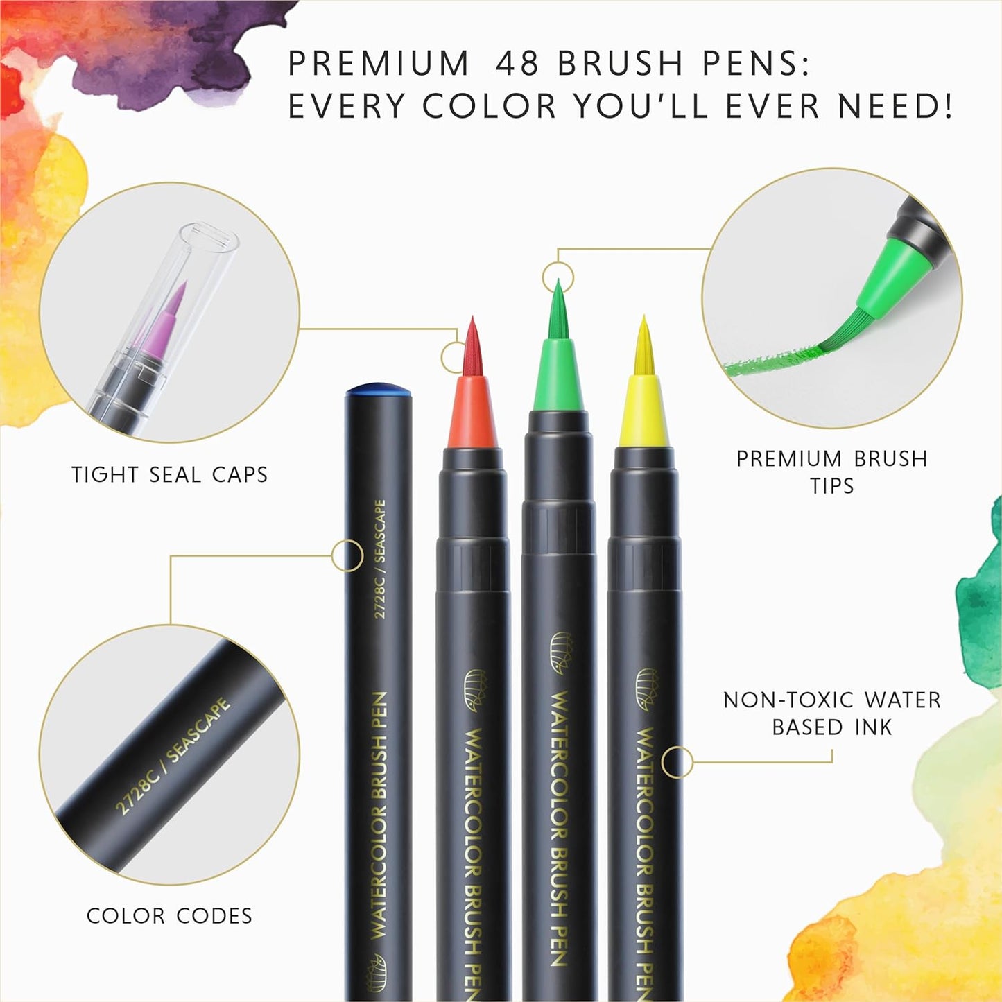 DOODLE HOG 48 Premium Watercolor Pens +2 Highly Blendable Markers, Real Brush Tip Watercolor Markers, Art Supplies for Adults, 48 Colors Gift Box
