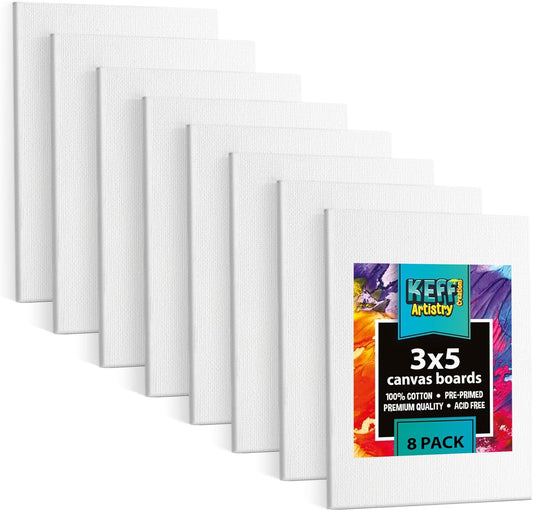 KEFF Canvas Boards for Painting - 3x5 8-Pack Bulk Canvas Pack, 100% Cotton Triple Primed Small Canvases for Painting Supplies, Acrylic, Oil, Watercolor & Tempera