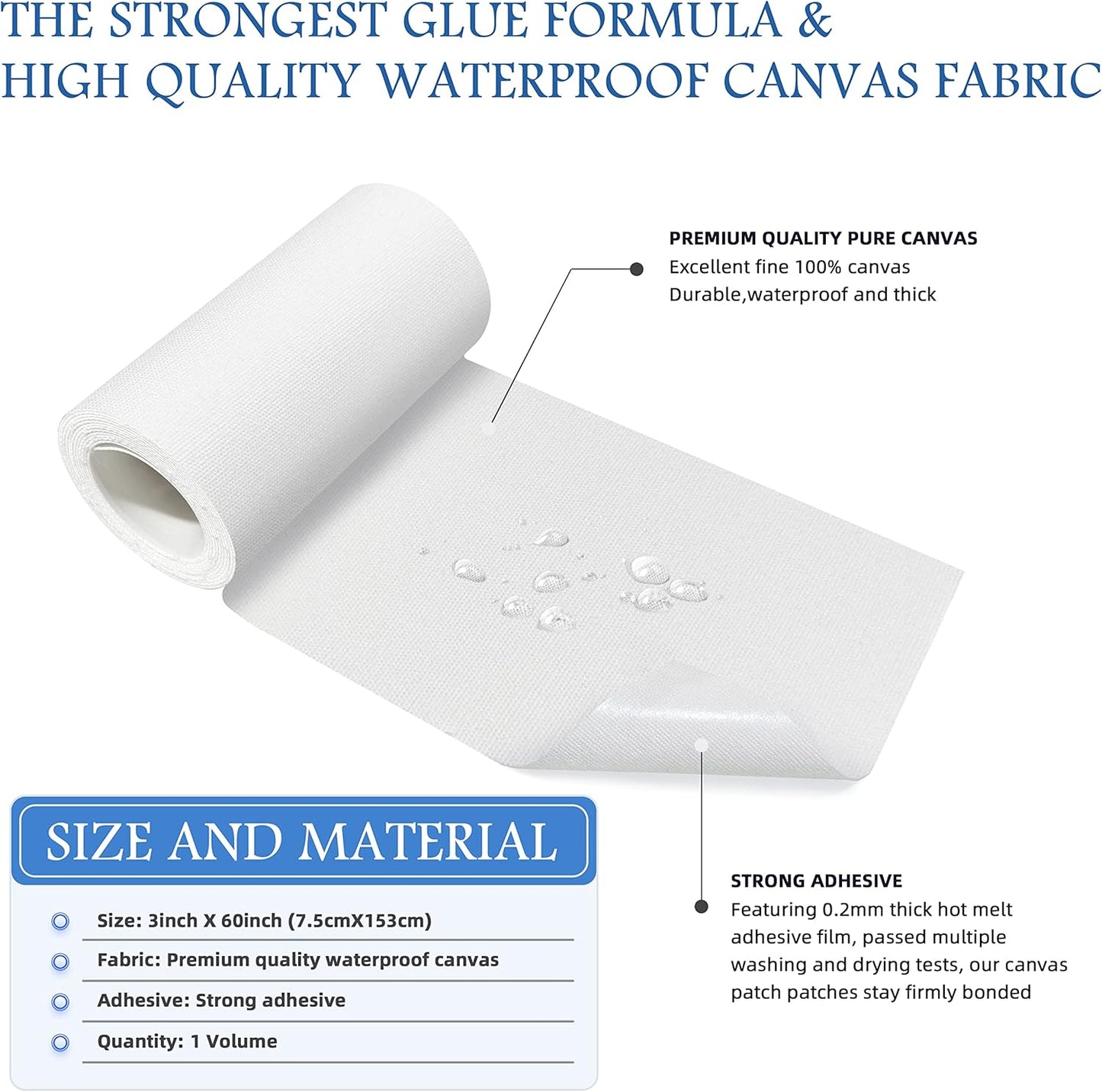 KING MOUNTAIN Canvas Iron on Patch,3"×60",Waterproof 100% Cotton Fabric Repair Patch,Used for Various Sofa,Tent,Clothes,Seats,Suitcases (White)