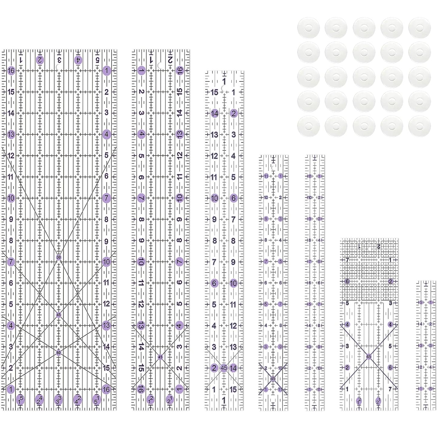 Quilting Ruler, Sewing Ruler, 8 Pack, Acrylic Quilting Templates(6"x17", 3"x17", 2"x16", 1.5"x12", 1"x12", 1"x6", 8"x3"), Non Slip Rings 25 Pieces, Sewing and Quilting Supplies - Clear/Purple