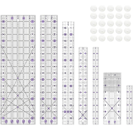 Quilting Ruler, Sewing Ruler, 8 Pack, Acrylic Quilting Templates(6"x17", 3"x17", 2"x16", 1.5"x12", 1"x12", 1"x6", 8"x3"), Non Slip Rings 25 Pieces, Sewing and Quilting Supplies - Clear/Purple