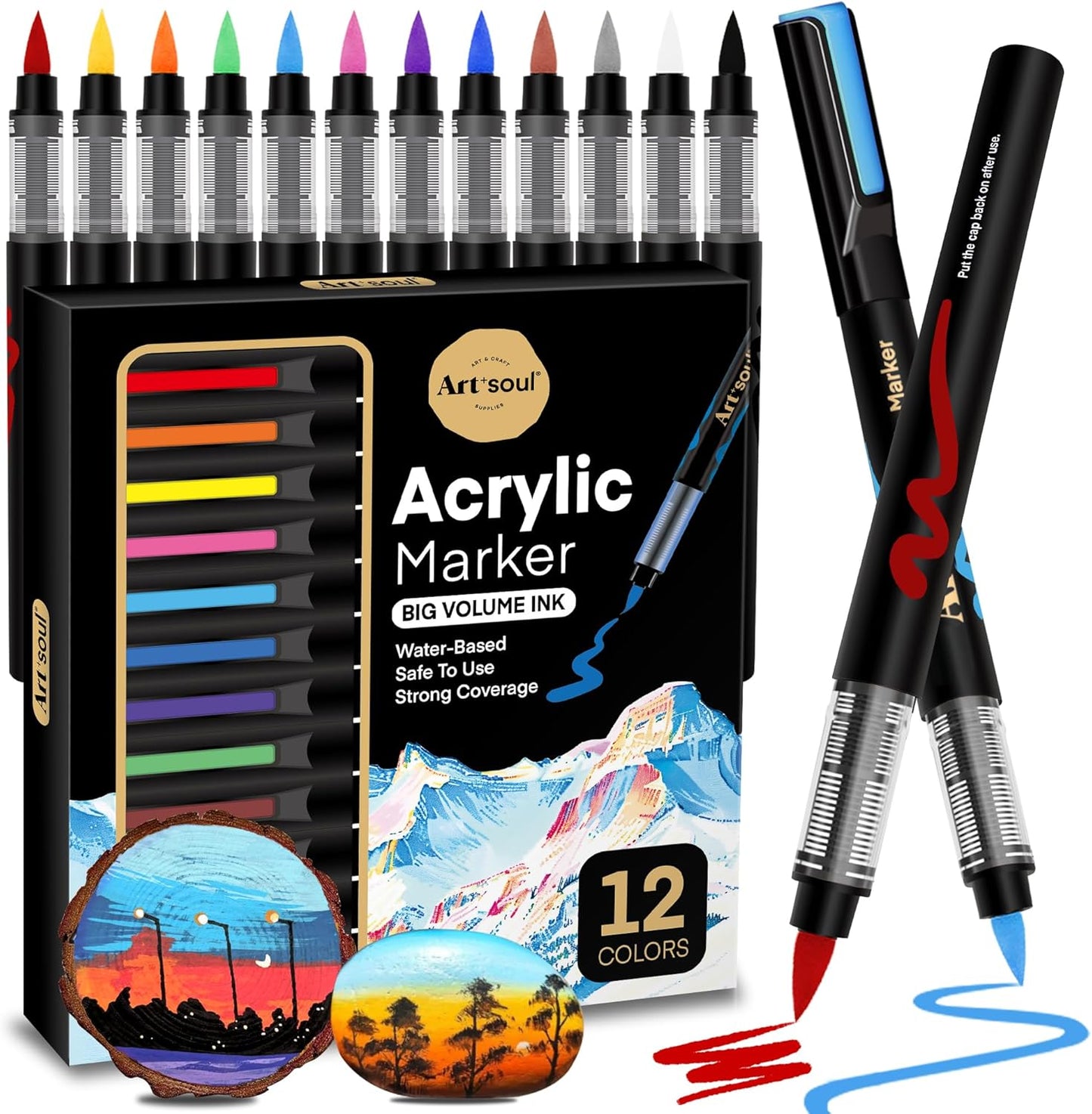 Art+soul Acrylic Paint Markers, 12 Colors - Soft Brush Tip & Automatic Ink Control System, Big Volume Ink for Rock Painting, Paper, Wood, Stone, Canvas, Glass Surfaces, DIY Crafting & Art Supplies
