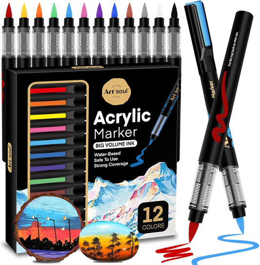 Art+soul Acrylic Paint Markers, 12 Colors - Soft Brush Tip & Automatic Ink Control System, Big Volume Ink for Rock Painting, Paper, Wood, Stone, Canvas, Glass Surfaces, DIY Crafting & Art Supplies