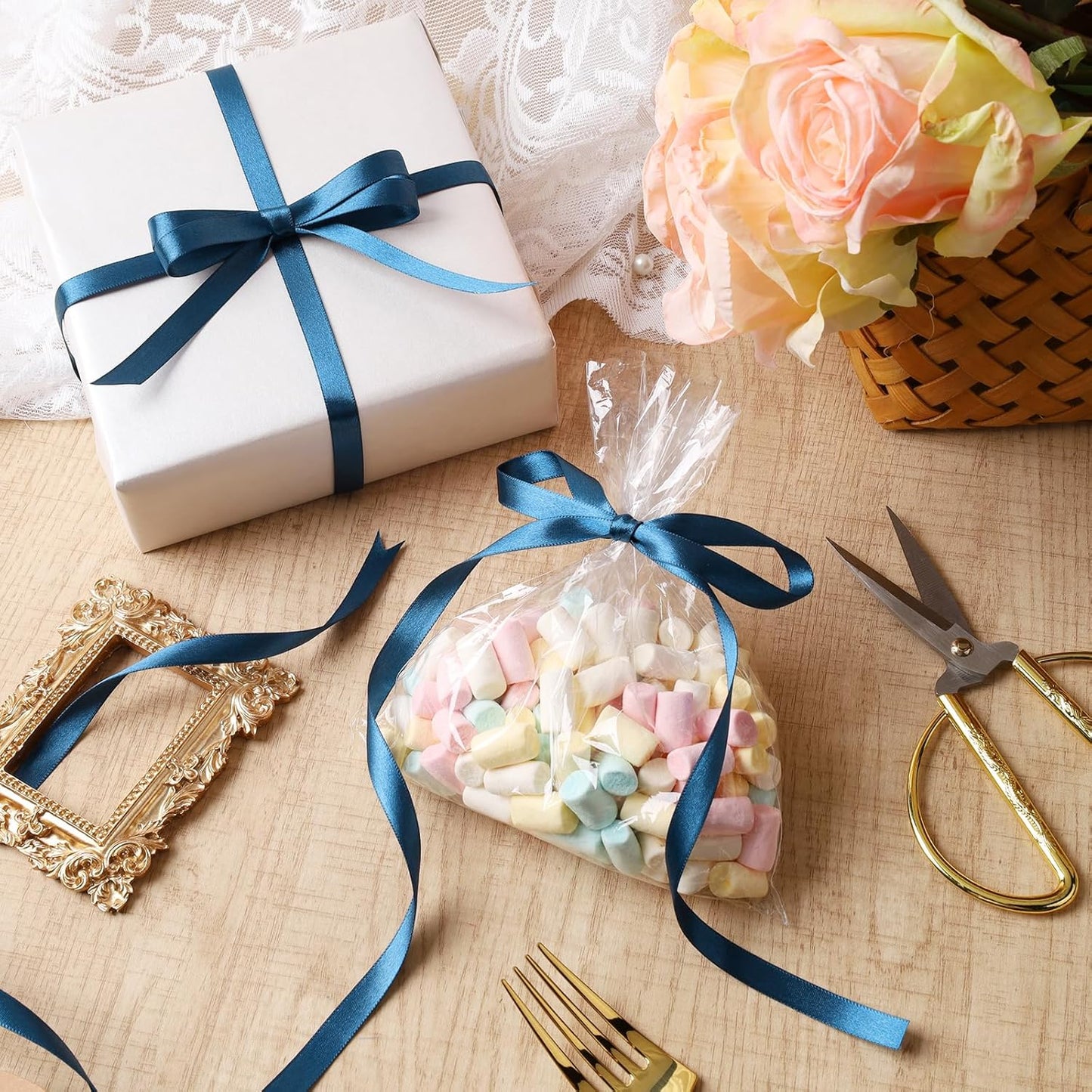 LaRibbons Navy Satin Ribbon 3/8 Inch 50 Yards Thin Luxury Double Faced Blue Silk Ribbon for Flower Bouquet Crafts Gift Wrapping Wedding Bow Decoration