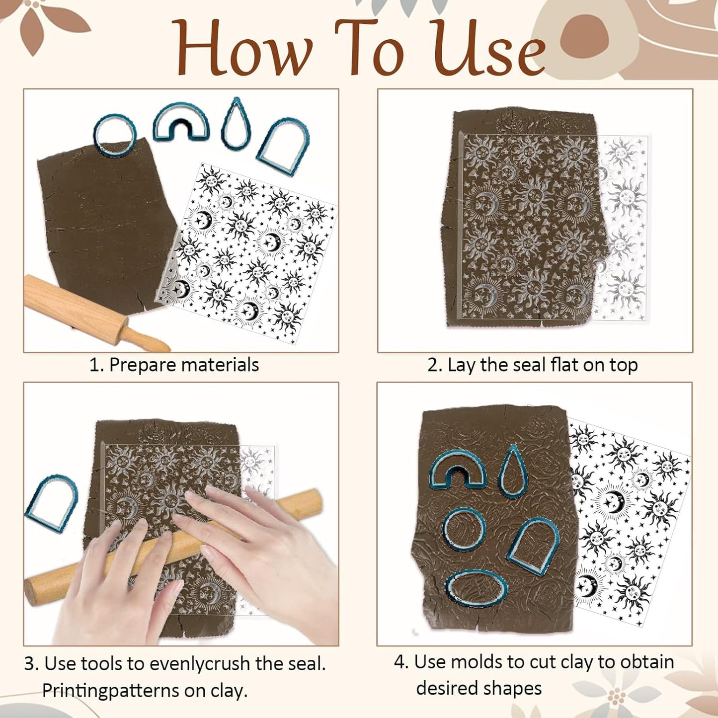 CHGCRAFT Sun Moon Stars Polymer Clay Texture Sheets Silicone Texture Stamp Clay Texture Mat Modeling Pattern Pad Texture Sheets for Jewelry and Clay Earrings Tools, 5.5x5.5 inch