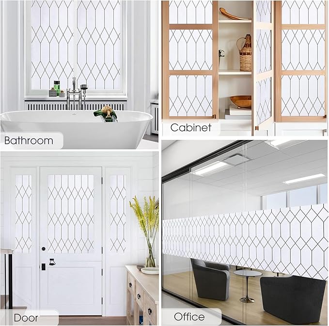 Windimiley Window Privacy Film Stained Glass Static Clings, Bathroom Frosted Leaded Decorative Window Stickers, UV Heat Blocking Opaque Removable for Home Door Coverings (29.5 x 78.7 in,White)
