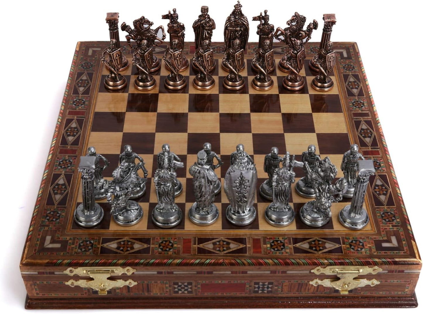 Medieval British Army Antique Copper Metal Chess Set for Adults,Handmade Pieces and Natural Solid Wooden Chess Board with Storage Inside King 3.35inc