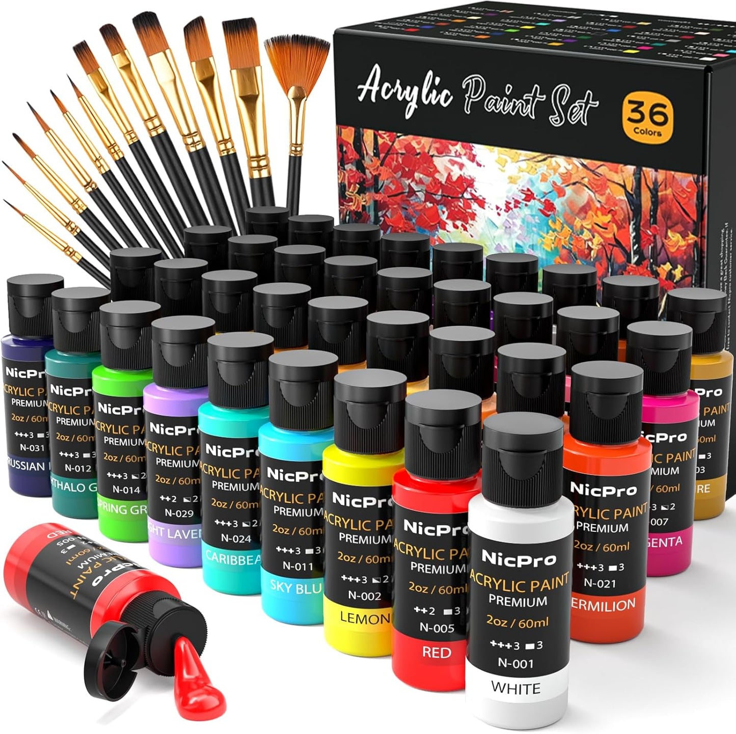 Nicpro 36 Colors Acrylic Paint Set with 12 Brushes & Palette, Non Toxic Art Supplies Kit for Fabric Painting, Canvas, Clay, Wood, Rock & Ceramic, Rich Pigments for Beginners, Students & Professional Artist (2 oz, 60 ml)