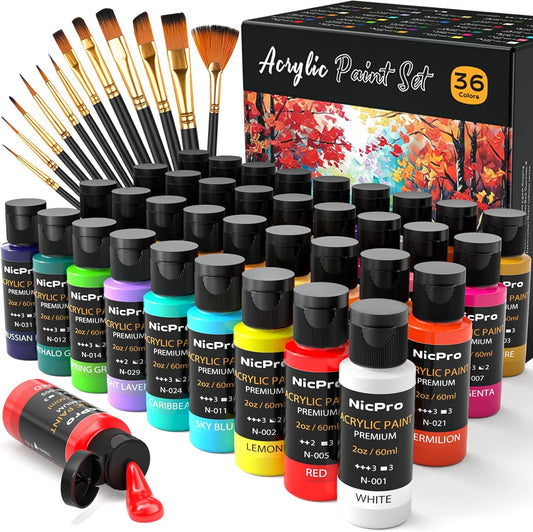 Nicpro 36 Colors Acrylic Paint Set with 12 Brushes & Palette, Non Toxic Art Supplies Kit for Fabric Painting, Canvas, Clay, Wood, Rock & Ceramic, Rich Pigments for Beginners, Students & Professional Artist (2 oz, 60 ml)