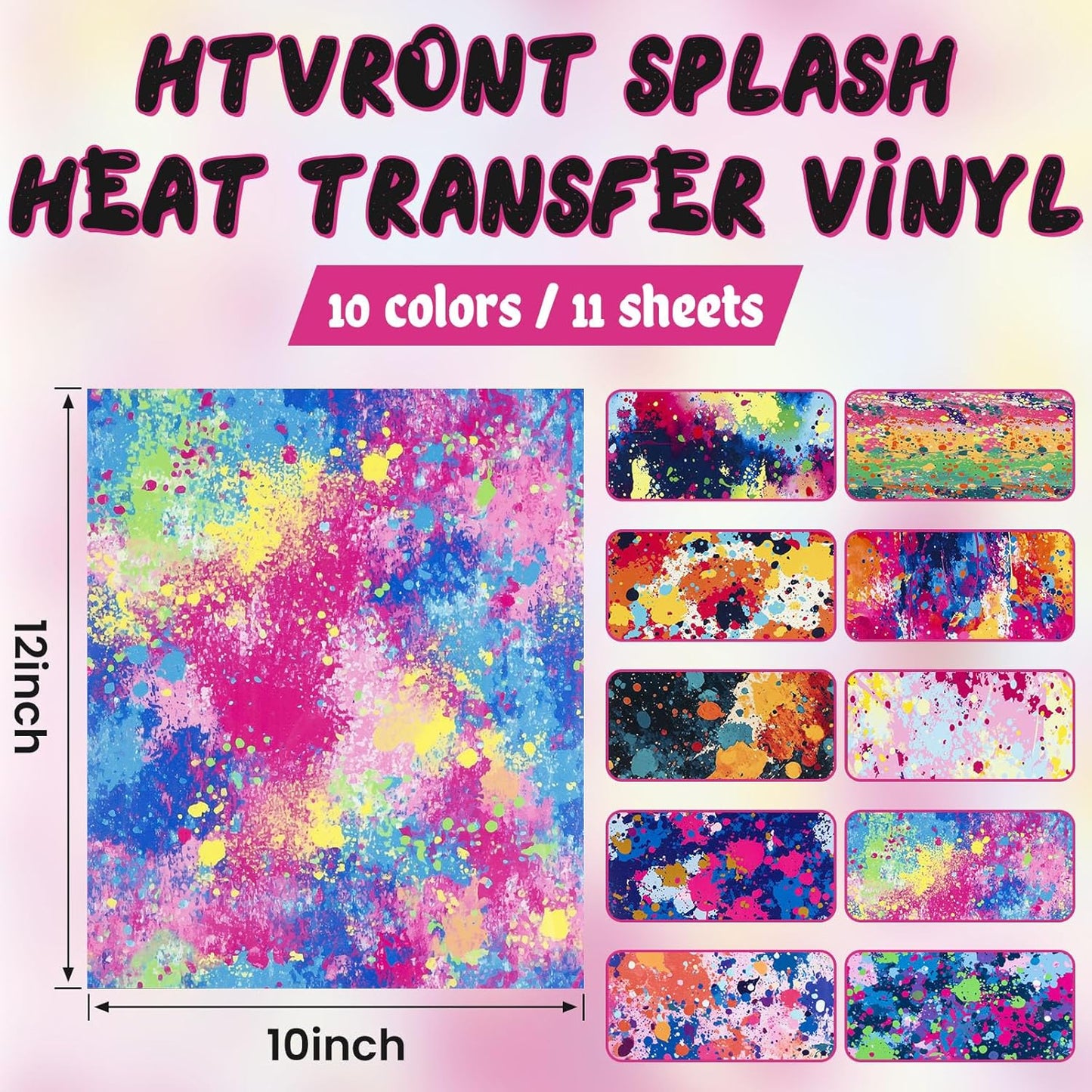 HTVRONT Splatter Heat Transfer Vinyl - 10 Sheets 12"x10" Vibrant Paint Splatter HTV Vinyl, Watercolor Iron-On Vinyl for T-Shirts, Splatter HTV Easy Cut & Weed, Fits All Cutting Machines