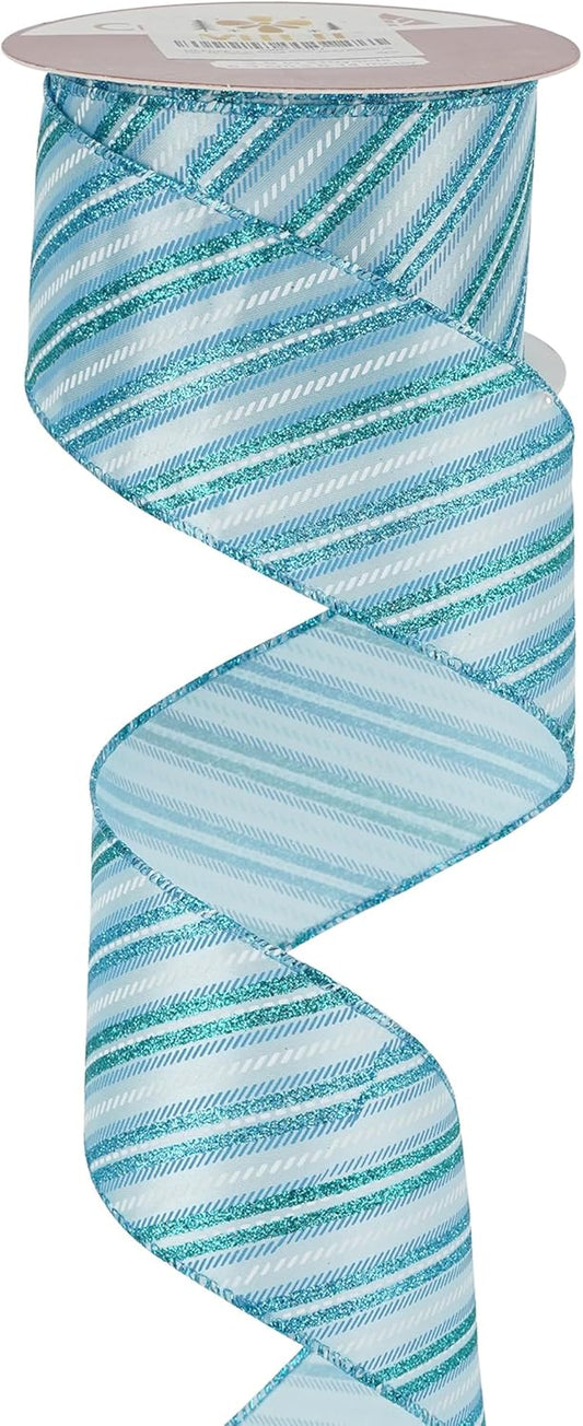 MEEDEE Blue Diagonal Stripe Ribbon 2.5 Inch Blue Satin with Turquoise and Teal Glitter Wired Ribbon for Wreath Bow, Topper Bow, Tree, Garlands (10 Yards)