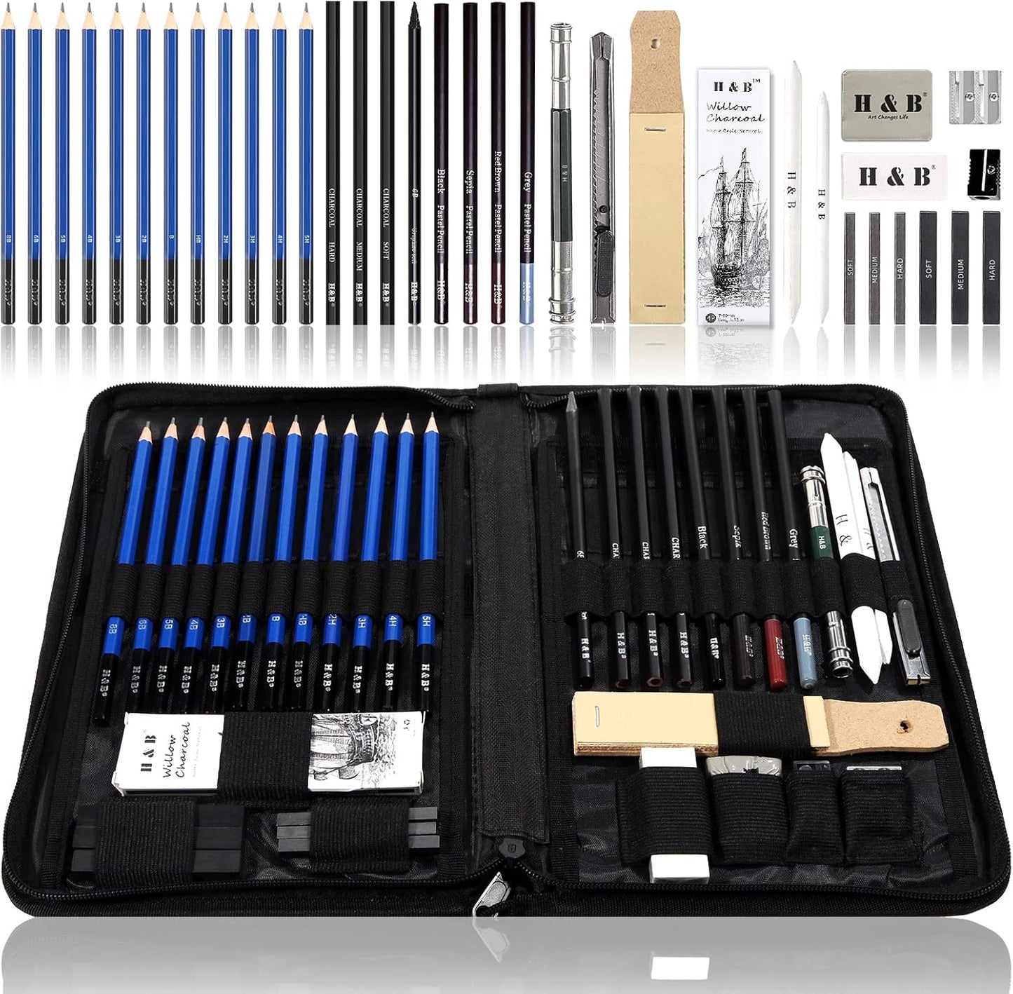 H & B 40 Piece Professional Sketch Pencil Drawing Kit,Complete Artist Kit, Including Graphite Pencils, Pastels, Sharpener and Eraser