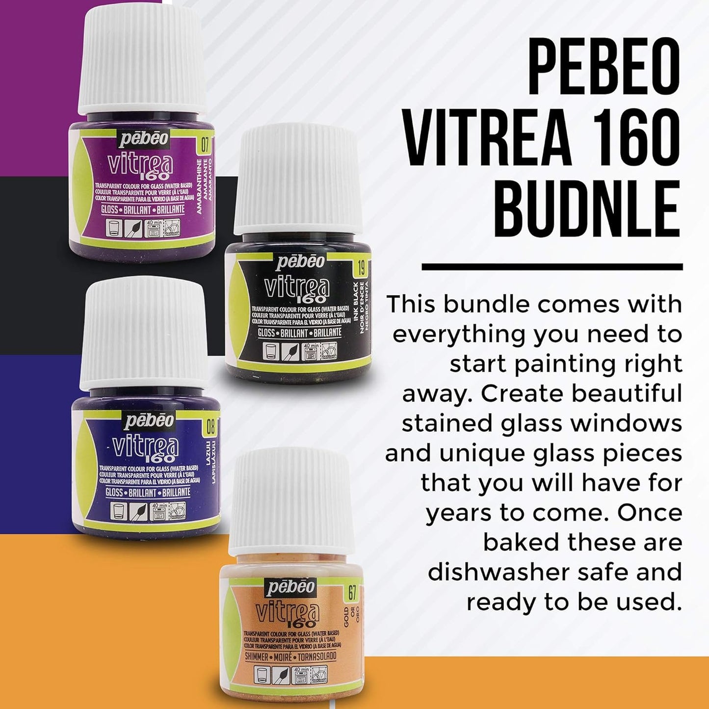 Pebeo Vitrea 160 Glass Paint - Transparent Colour Glossy and Brilliant - Made in France - DIY Craft Paint for Stained Glass and More - Set of 8 Colors Bundled Application Brushes