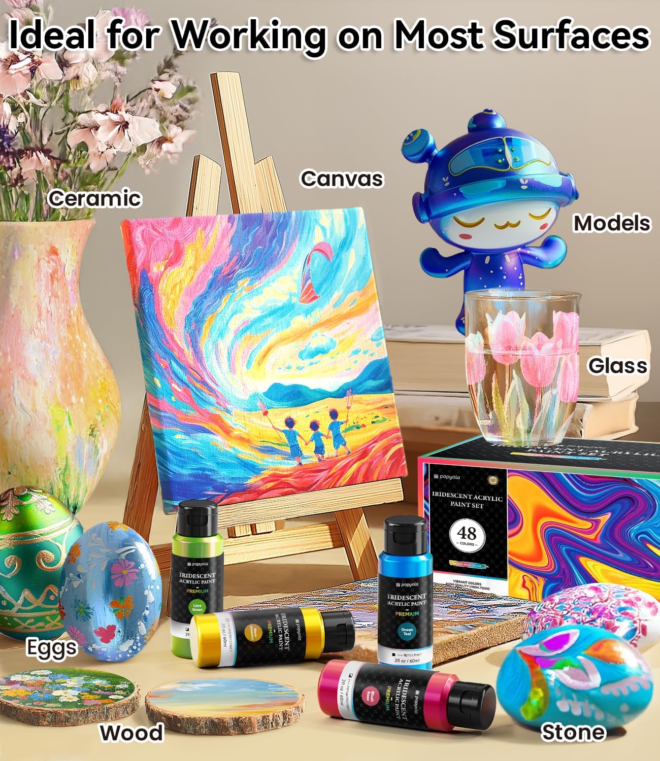 64 PCS Iridescent Acrylic Paint Set with 12 Brushes, 2 Knives & Palette, 48 Colors (2oz/60ml) Art Craft Paint for Adults Kids Artists Beginners, Halloween Pumpkin Canvas Ceramic Rock Painting Kit