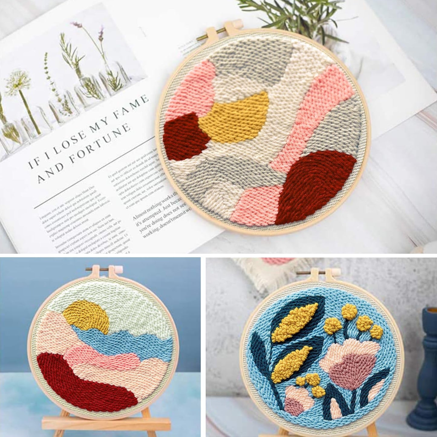 Anidaroel 4 Sets Punch Needle Kit, Punch Needles Kits for Adults Beginner, Needle Punch Kit, Punch Needle Tool with Stamped Fabric, Hoops, Yarns and Sewing Needle