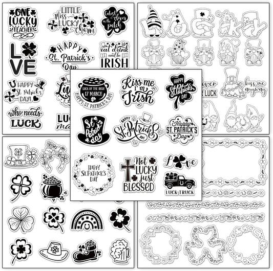 Whaline 5 Sheet St. Patrick's Day Clear Stamps Wreath Shamrock Lucky Words Silicone Transparent Stamps Border Stamp Cards for Irish DIY Crafts Card Making Scrapbooking Embossing Album Decor