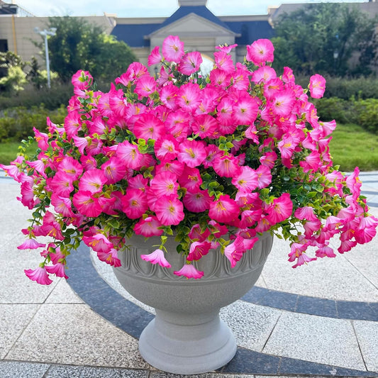 Artificial Flowers Fake Plants for Outdoor Indoor Decoration,16 Bundles UV Resistant Faux Plastic Flowers,Realistic Pink Morning Glory for Planter Porch Patio Home Table Wedding (Pink)