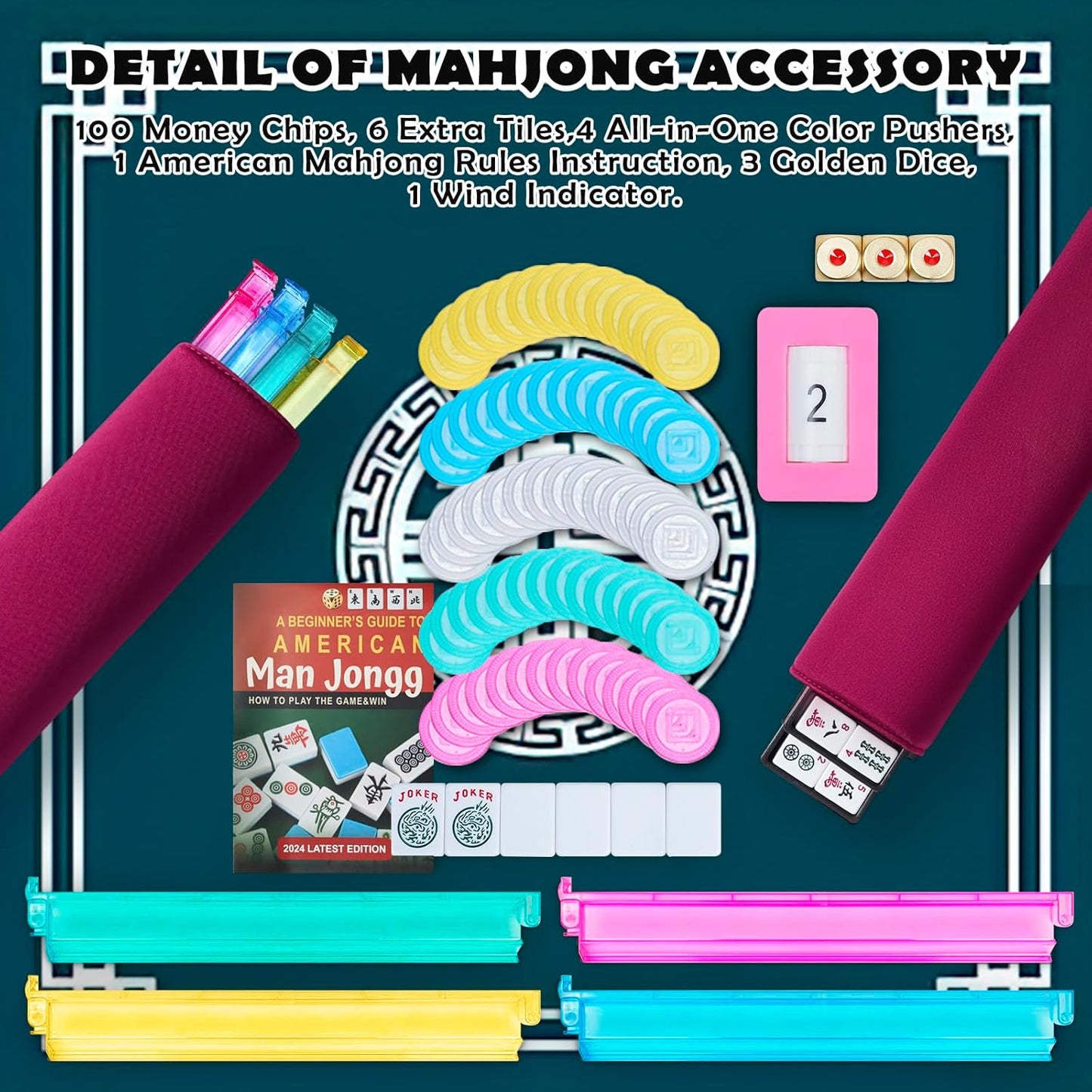 New American Mahjong Game Set, 166 Premium White Tiles with Portable Metal Dices, 4 All-in-One Racks with Pushers, Mah-Jong Games Sets, Ma Jong Tile Game (Red)