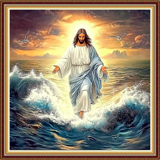 Hopeart Stamped Cross Stitch Kits for Beginner Embroidery Kits for Beginners Adults DIY 11CT Cross Stitch Patterns Needlepoint Kits Crossstitching Kits-Jesus Walking on sea 18x18 inch