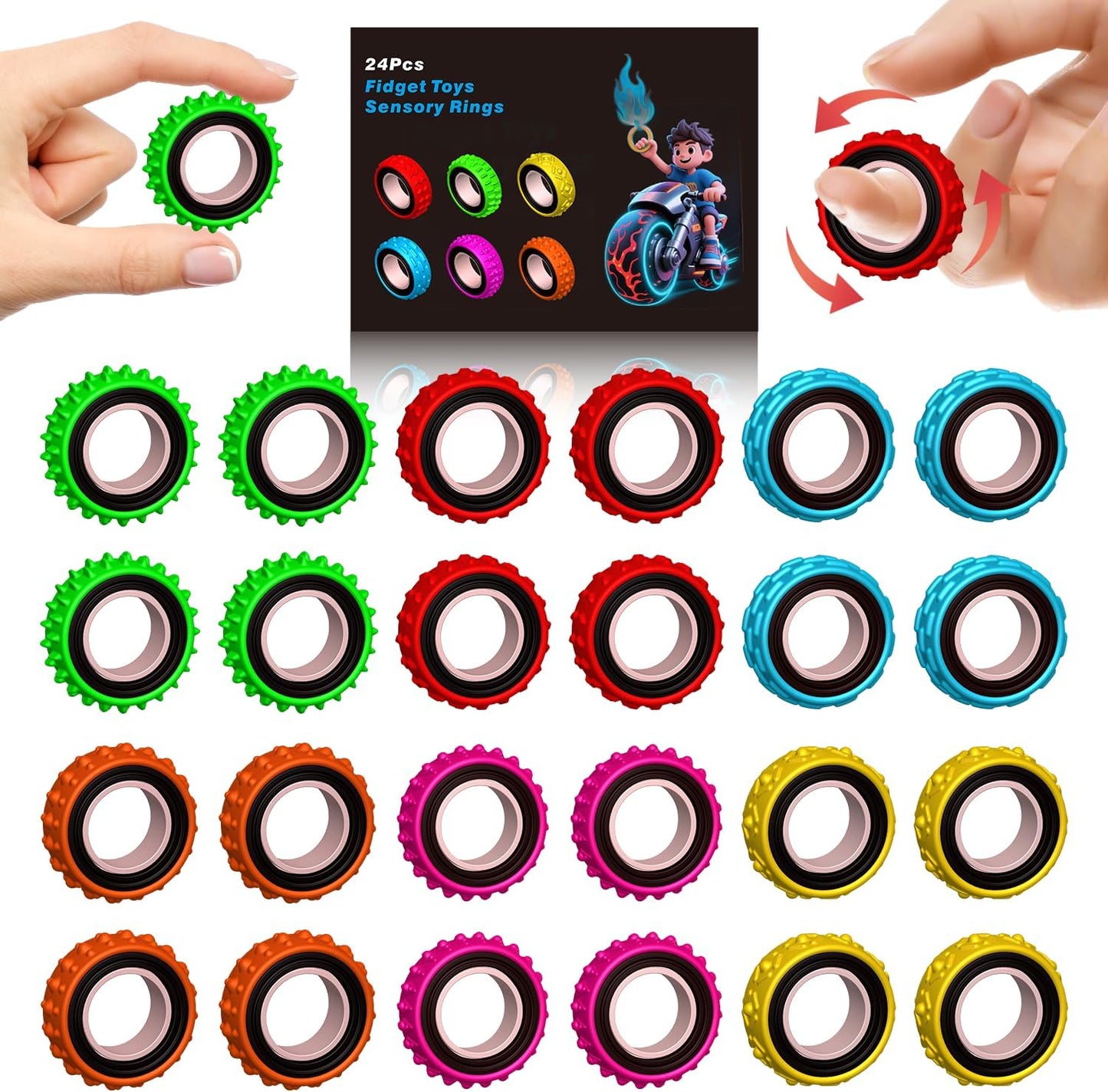 Fidget Toys Sensory Ring for Kids, Finger Spinner Rings Quiet Finger Spinne Fun Fidgets for Student Classroom Prize Stocking Stuffers (24PCS)