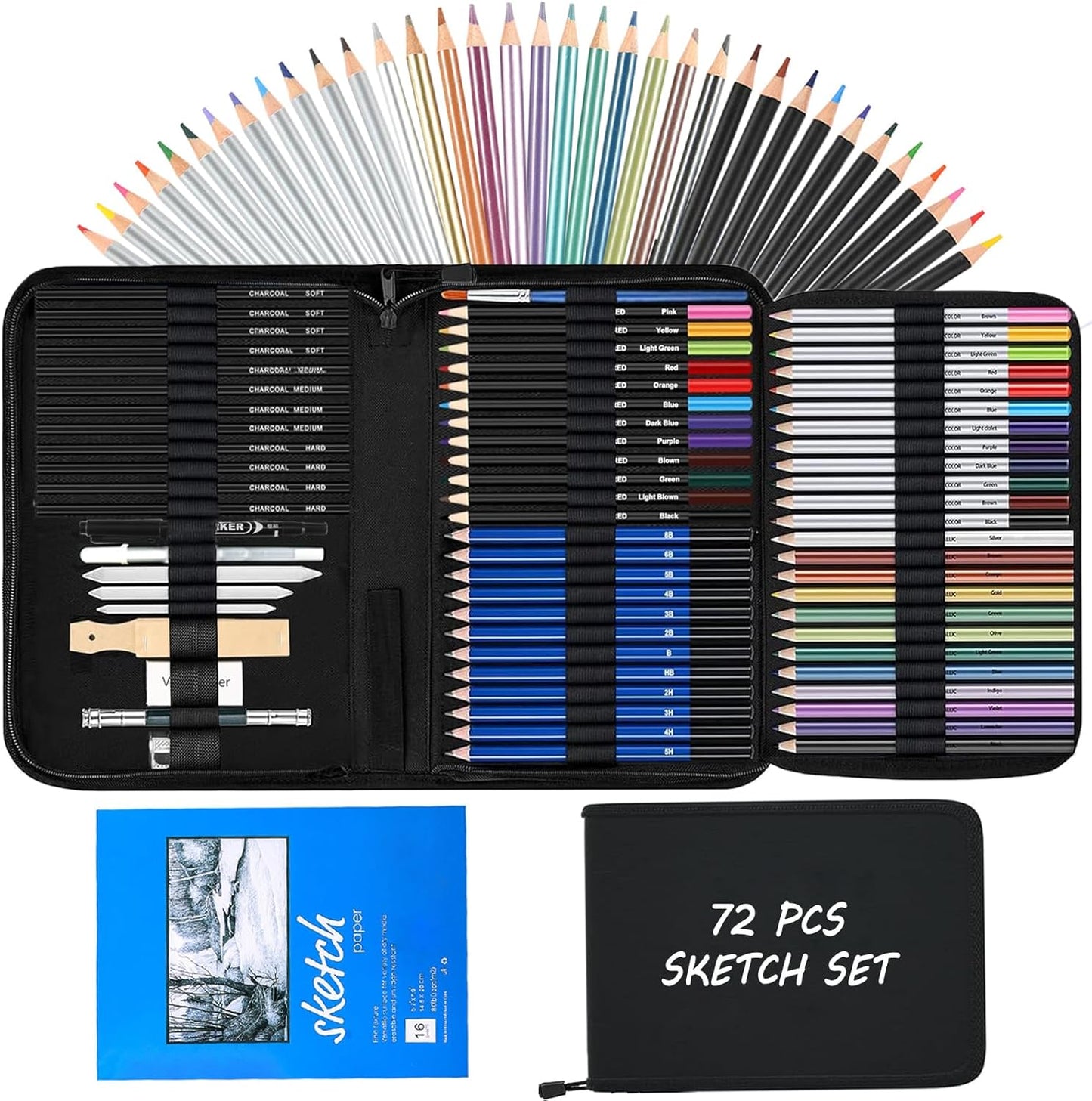 72Pcs Drawing Sketching Kit Set, Pro Art Supplies with Sketchbook, Watercolor, Graphite, Colored, Metallic, Charcoal Pencil, Drawing Set in Zipper Carry Case for Adults Teens Beginner