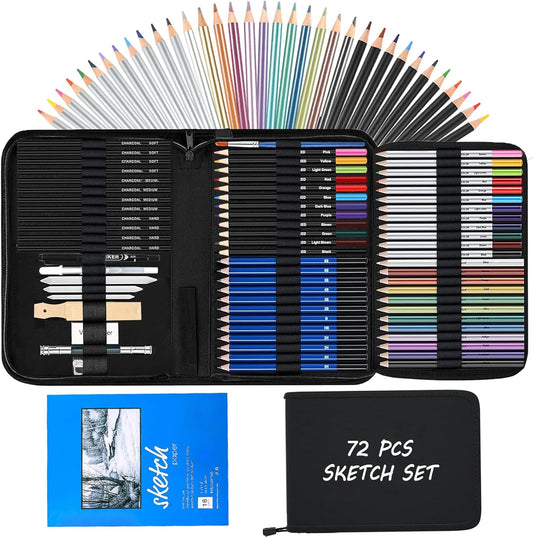 72Pcs Drawing Sketching Kit Set, Pro Art Supplies with Sketchbook, Watercolor, Graphite, Colored, Metallic, Charcoal Pencil, Drawing Set in Zipper Carry Case for Adults Teens Beginner