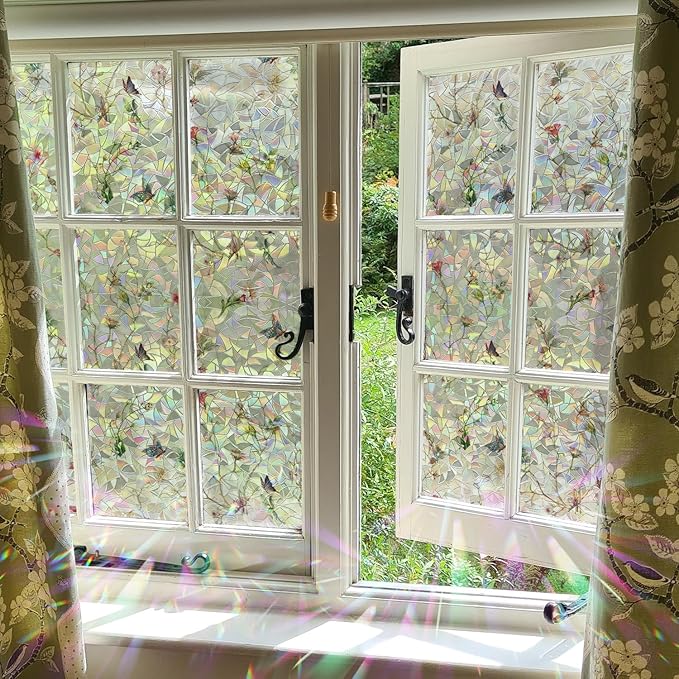 Rainbow Window Privacy Film Stained Glass Handmade Design for Bathroom, Watercolor Flower and Butterfly, 118.11" x 29.52"