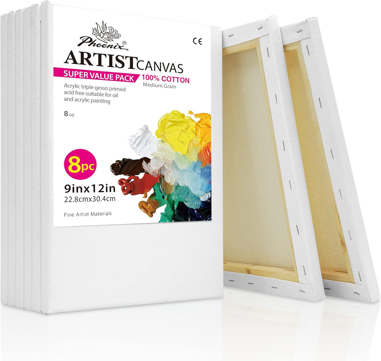 PHOENIX Stretched Canvas for Painting 9x12 Inch/8 Value Pack, 8 Oz Triple Primed 5/8 Inch Profile 100% Cotton White Blank Canvas, Artist Framed Canvas for Oil Acrylic & Pouring Art
