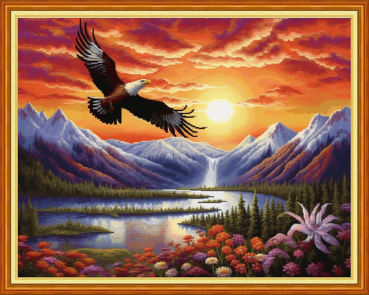 DMCVIVR Stamped Cross Stitch Kits for Adults Beginners Embroidery Kits 11CT Needlepoint Kits Cross Stitch Patterns Embroidery Patterns-Sunrise Eagle Flower 16x20 inch