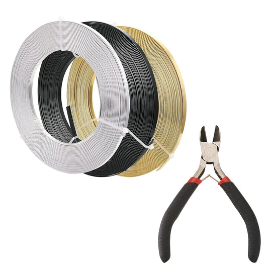 Fashewelry 98Ft 3 Colors Aluminum Flat Wire 5mm Wide Bendable Metal Craft Wire Strip 18 Gauge with Side Cutting Plier for Bezel Sculpting Armature Jewelry Making Gem Metal Wrap