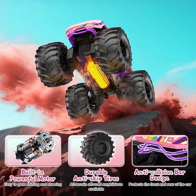 Remote Control Car for Girls,1:18 Pink Monster Truck Toys Amphibious RC Cars, 2.4 GHz Waterproof RC Trucks, 4WD All Terrain Off-Road Pickup, Girls Toys for 6-12 Year Old Kids Christmas Birthday Gifts