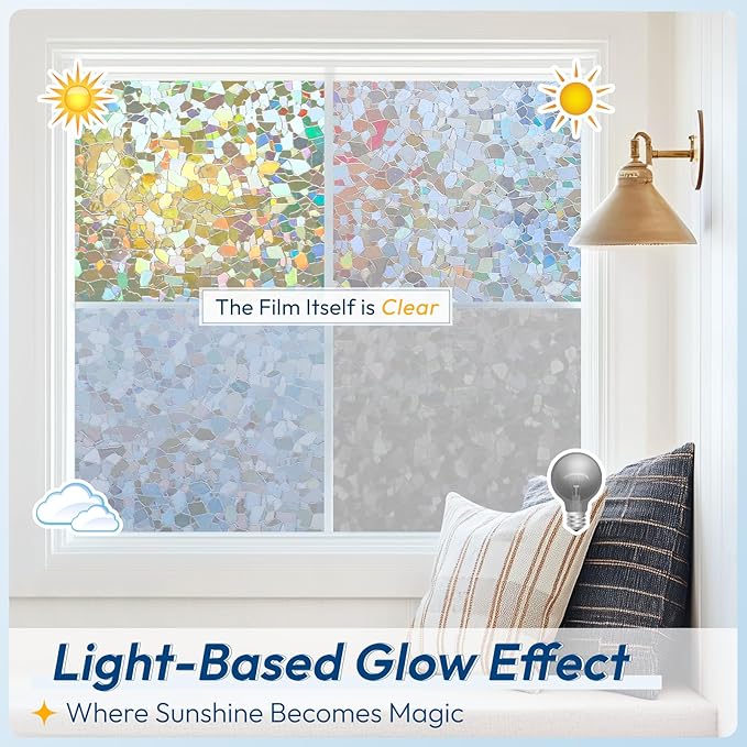 rabbitgoo Rainbow Window Privacy Film Decorative Stained Glass Diamond Pattern Window Sticker with Iridescent Tint Non-Adhesive Static Cling for Home Office Crystal Pattern, 17.5 x 157.4 inch