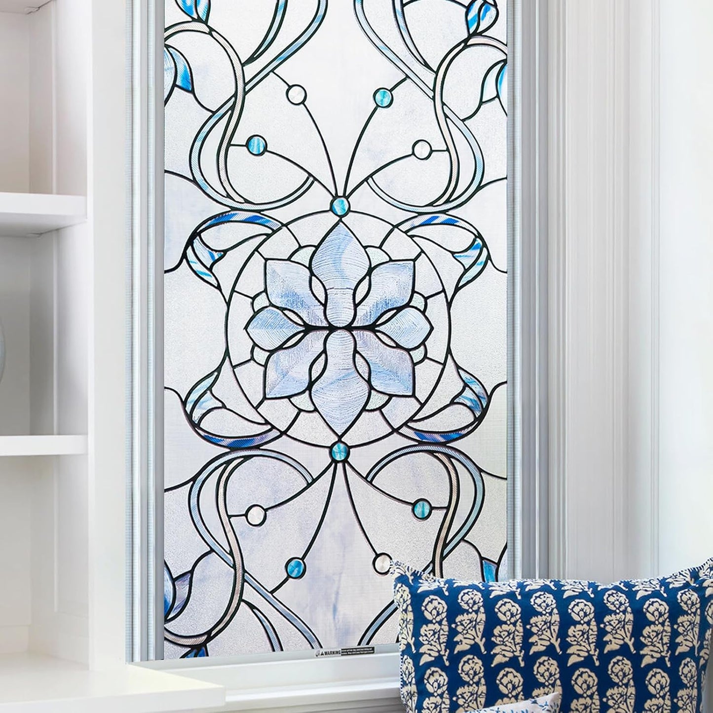 3D Stained Glass Window Privacy Film, Heat Control UV Blocking Static Cling Decorative Window Film for Bathroom,Front Door,Home Non Adhesive,16.9 x 39.3 inches Azure Bloom