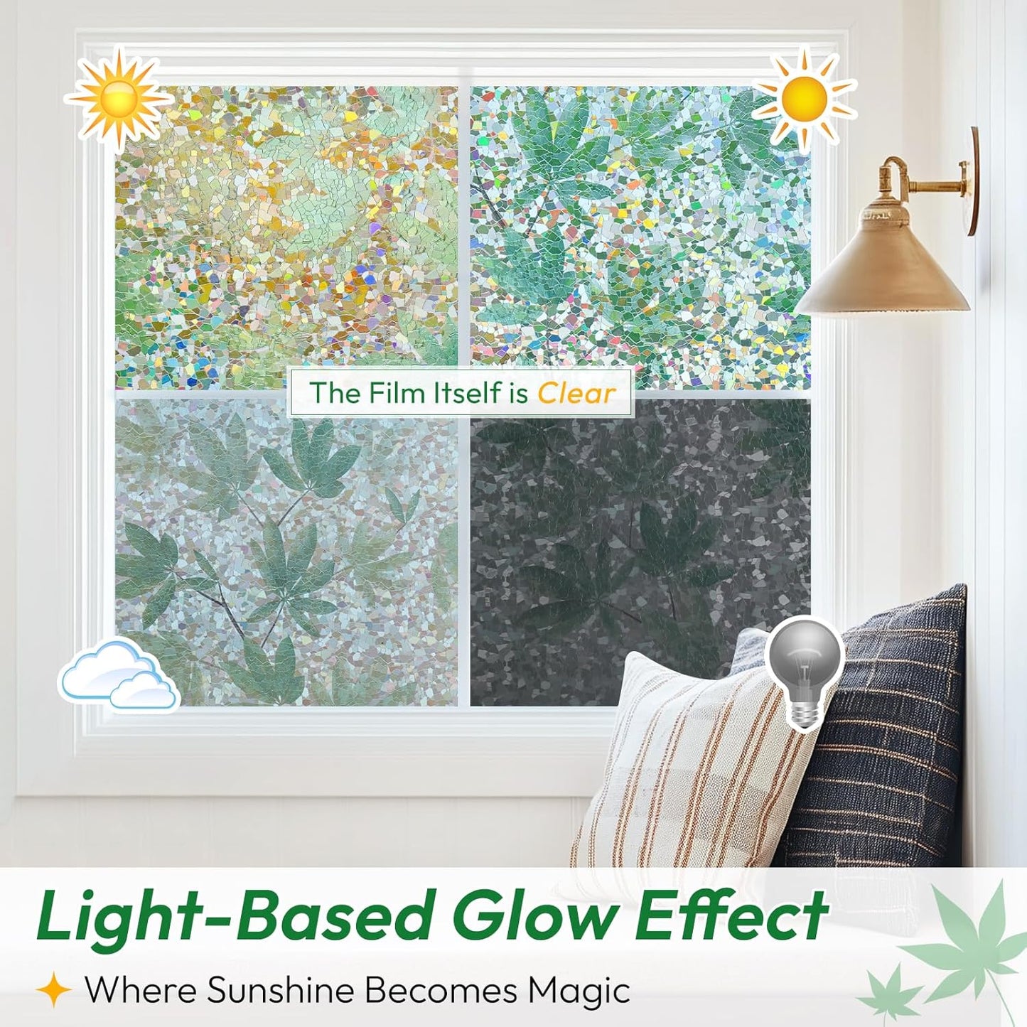 rabbitgoo Rainbow Window Privacy Film Decorative Stained Glass Diamond Pattern Window Sticker with Iridescent Tint Non-Adhesive Static Cling for Home Office Bathroom, Green Leaf 23.6 x 78.7 inch