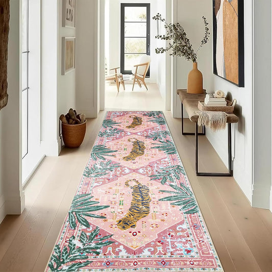 Oriental Tropical Hallway Runner Rug 2x6 Washable, Thin Stain Resistant Pink Boho Runner Rug for Entryway Kitchen Bedroom Laundry, Vintage Abstract Hippie Indian Botanical Long Floor Carpet