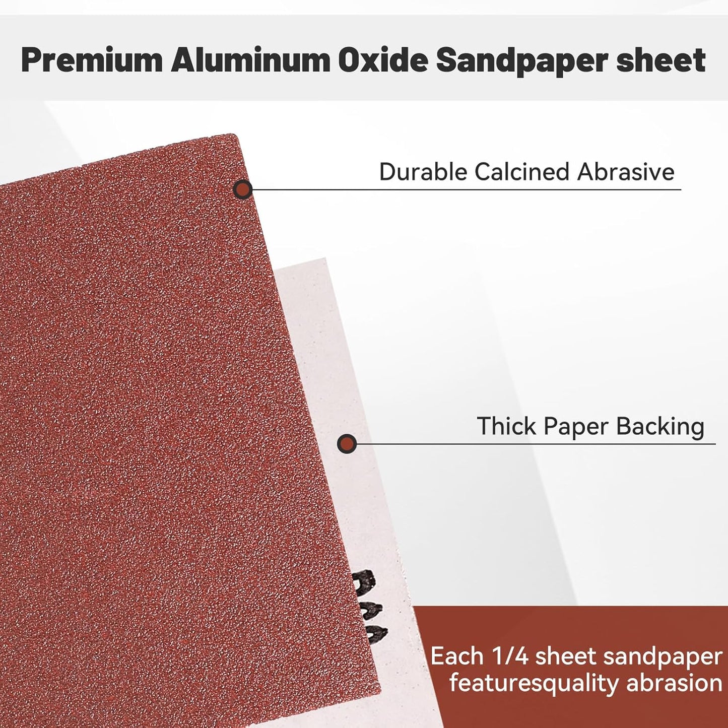 1/4 Sandpaper Sheet – 4-1/2” x 5-1/2”, P60 Grit, Red Aluminum Oxide, Plain Backing, 50-Pack – Sandpaper Sheets for Palm Sanders and Woodworking