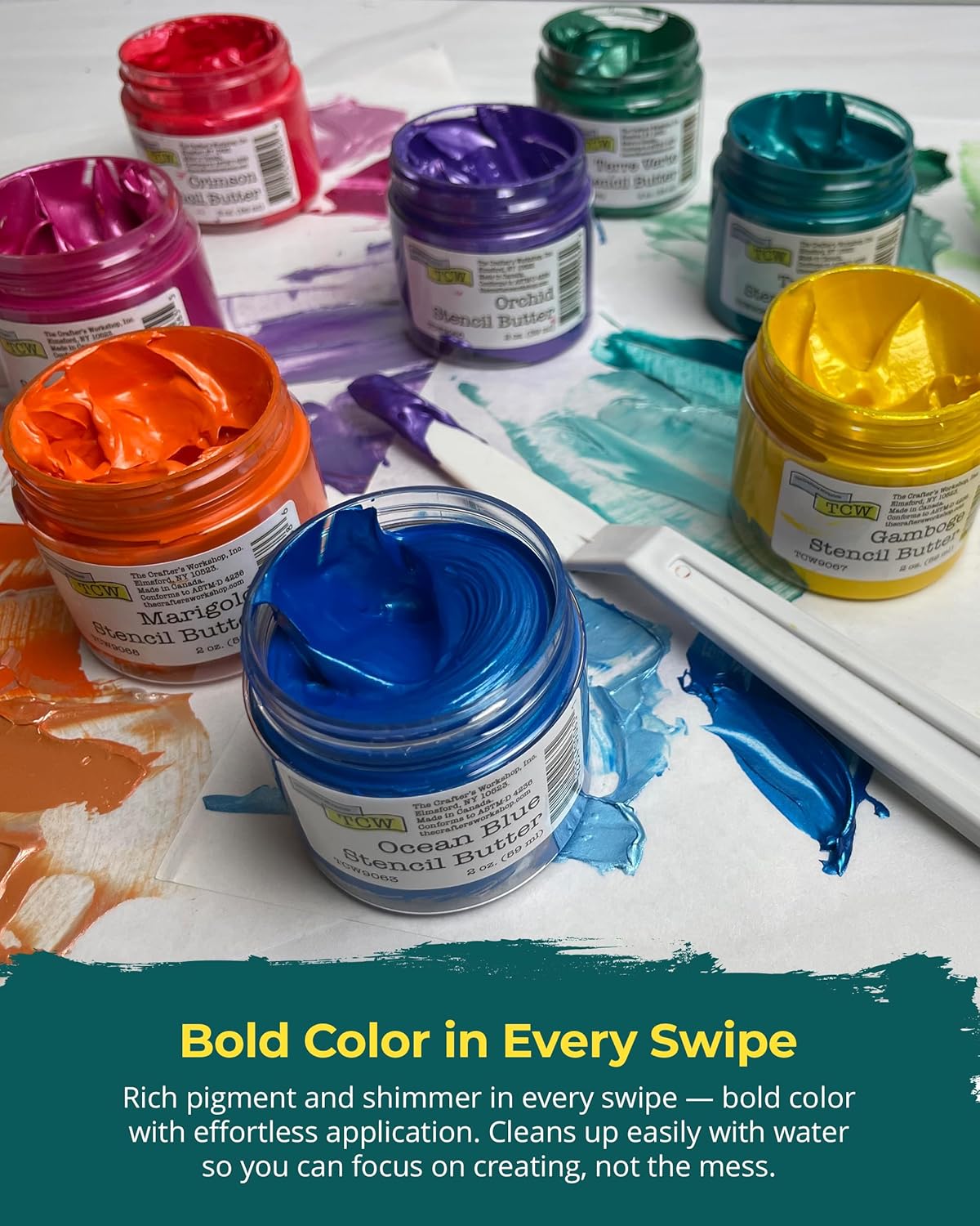 The Crafter's Workshop Stencil Butter - Caribbean Sea Acrylic Paint Set - Boutique Metallic Texture Paste for Art, Canvas, Journals, & Cards - 4 x 2oz Jars