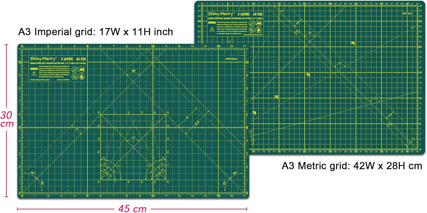 Self Healing Cutting Mat A3 12"x18" – Double Sided 5-Ply Craft Mat for Sewing, Quilting, Fabric, Scrapbooking – Green/Green