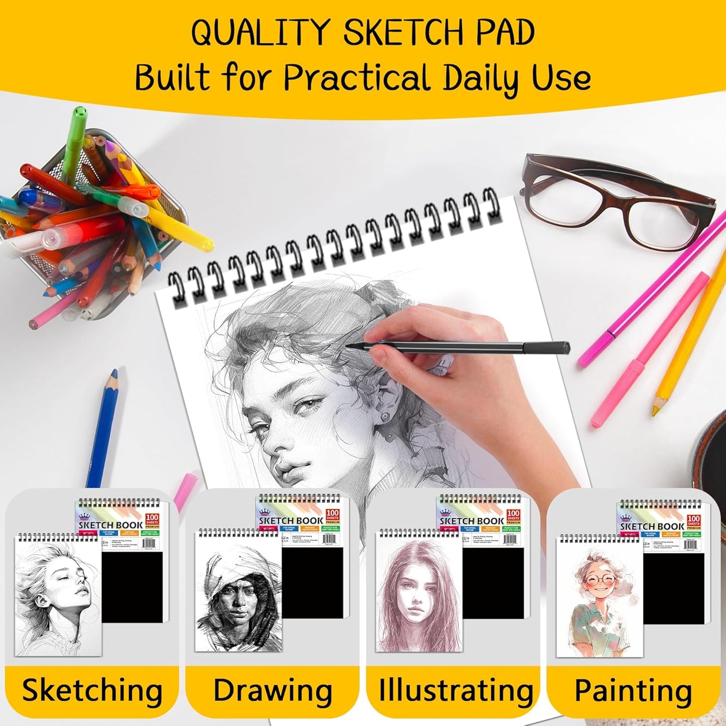 WINNER 9" x 12" Sketch Book 4 Pack, 400 Sheets Spiral Bound Art Sketchbook, 68lb/100gsm White Acid Free Drawing Pad, Painting Drawing Writing Sketch Pad, Art Supplies for School, Kids, Adults &Teens