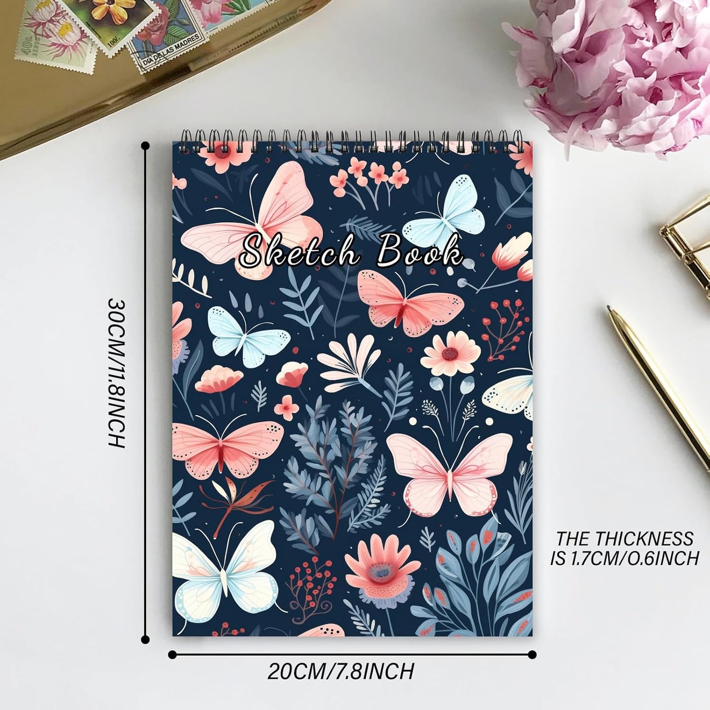 Deokke Sketchbook Top Spiral Bound Sketch Pad, 9 x 12 inch,100GSM Thick Paper,50 Sheets 100 Pages,Art Sketch Book Aesthetic Cute Drawing Writing Paper for Girls Women-Butterfly Flower